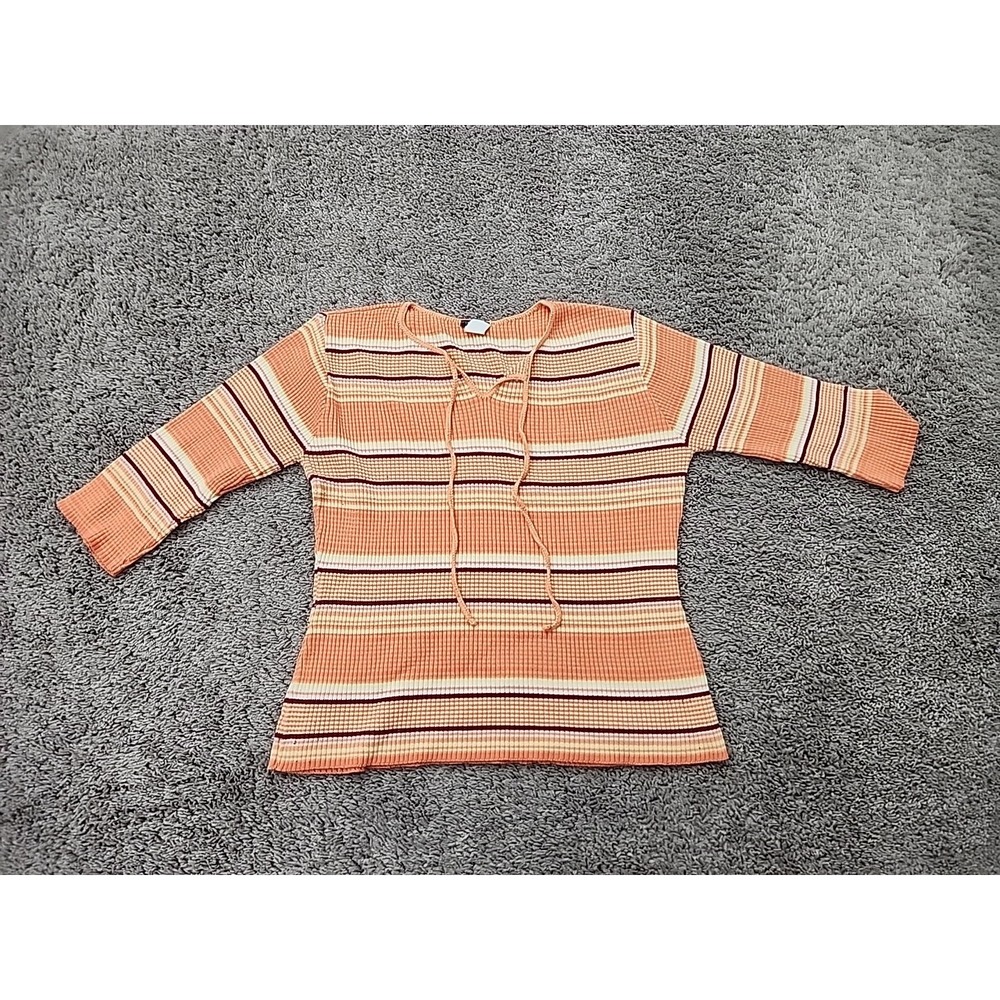 Vintage Tangents Knit Top Womens L Striped Tie Front 3/4 Sleeve Y2K Made in USA
